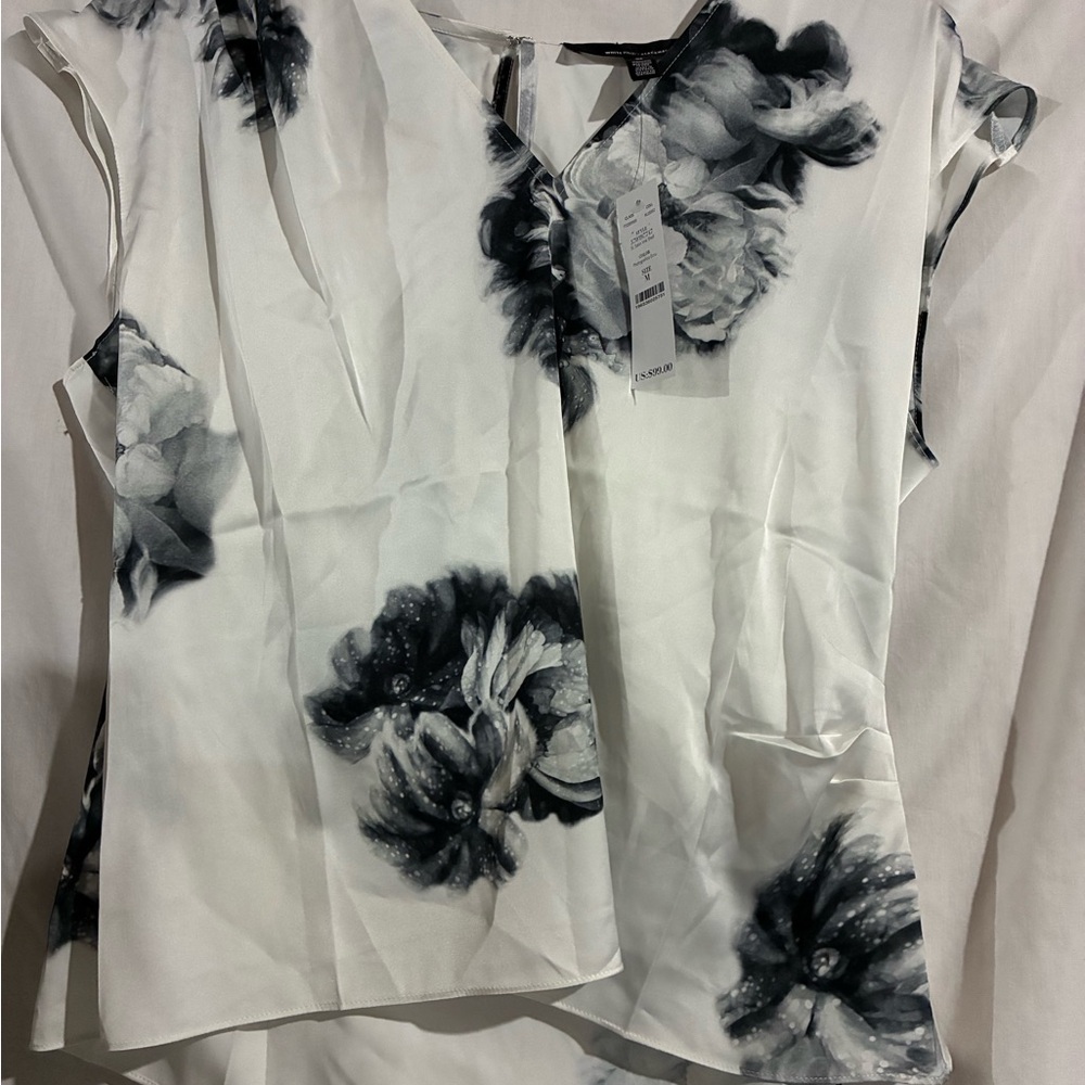White House Black Market White V-Neck Blouse with Black Floral Print